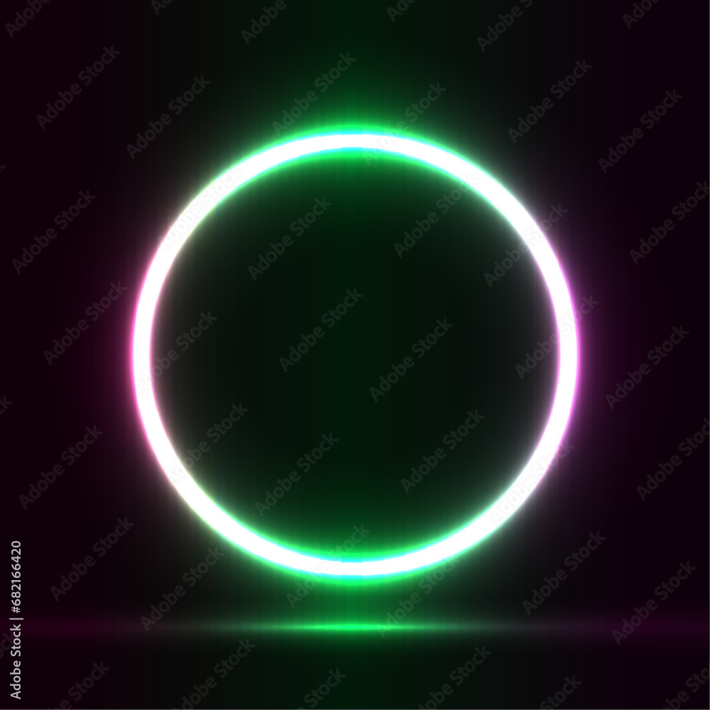 Neon light effect of a round glowing frame on a dark background with space for text. Vector.