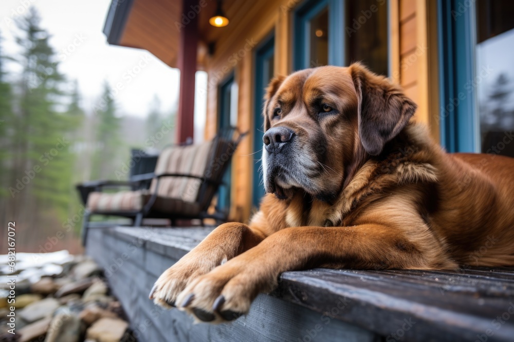 a dog sitting on the porch of a log cabin a dog sitting on the porch of a log cabin