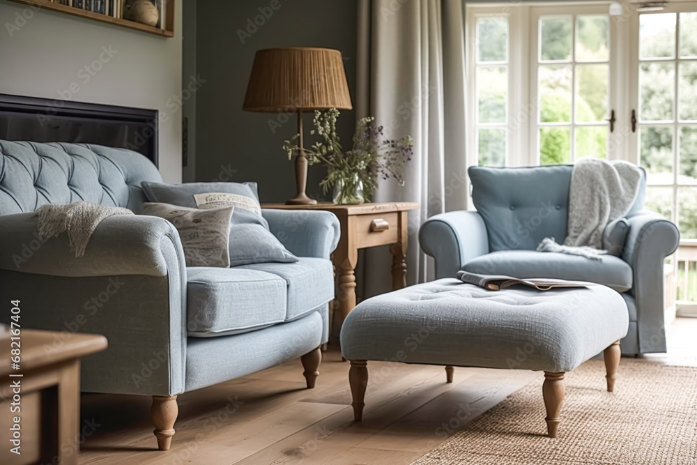 Pale blue sitting room decor, interior design and house improvement, living room furniture, sofa and home decor in country house and elegant cottage style, generative ai Pale blue sitting room decor, interior design and house improvement, living room furniture, sofa and home decor in country house and elegant cottage style, generative ai