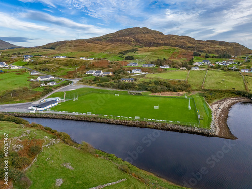 Aerial view of the Kilcar GAA pitch by Killybegs, County Donegal, Ireland