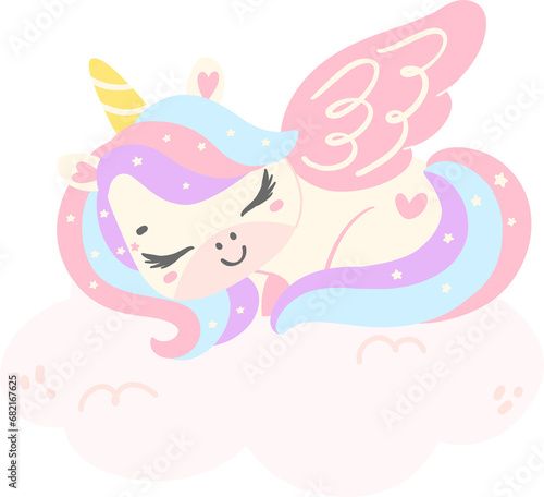 Cute Baby Unicorn on cloud cartoon illustration