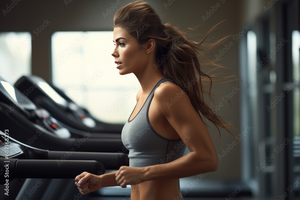 Beautiful Woman Running On Treadmill At The Gym. Сoncept Fitness Goals, Cardio Workout, Gym Life, Active Lifestyle, Women's Fitness Beautiful Woman Running On Treadmill At The Gym. Сoncept Fitness Goals, Cardio Workout, Gym Life, Active Lifestyle, Women's Fitness