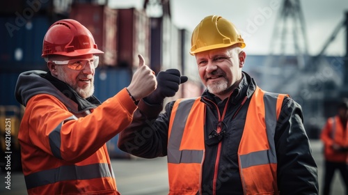 Two logistics workers in hard hats and safety vests performing a fist bump at a busy container terminal, symbolizing teamwork and job satisfaction. Ai generated