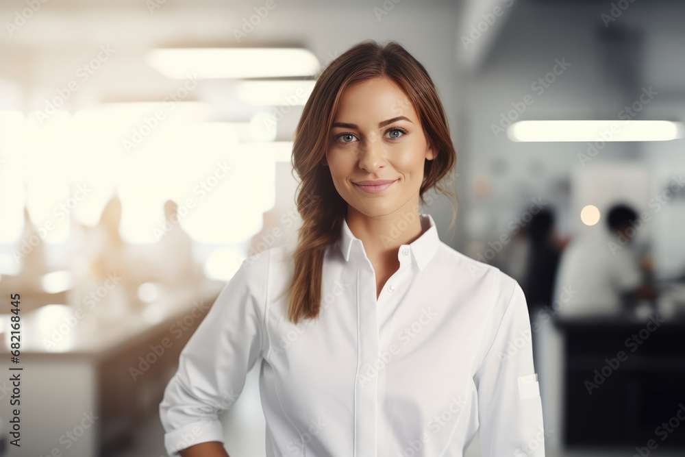Confident Dietitian In Lab Coat, Smiling In Modern Kitchen