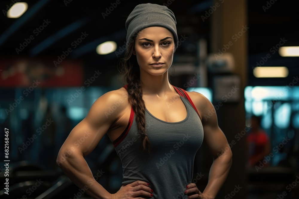 Crossfit Girl Shows Muscles After Workout In The Gym. Сoncept Fierce Fitness, Strong And Sculpted, Empowered By Exercise, Sweat And Strength, Gym Power Move