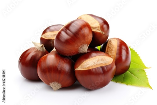 Chestnuts On White Background. Сoncept Autumnal Still Life, Roasted Chestnuts, Harvest Vibes, Rustic Food Photography