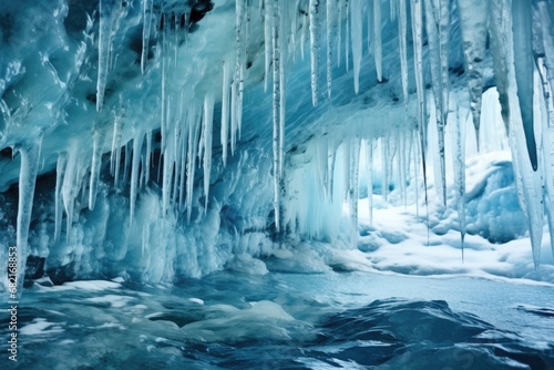 an icy stalactite formation inside a glacier cave