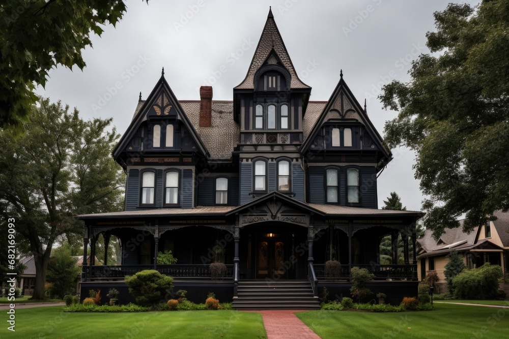 wide shot of dark colored gothic mansion with wooden detailings wide shot of dark colored gothic mansion with wooden detailings