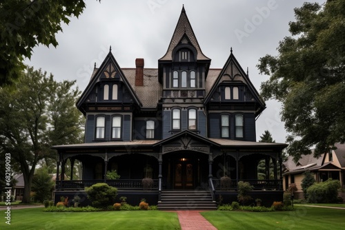 wide shot of dark colored gothic mansion with wooden detailings