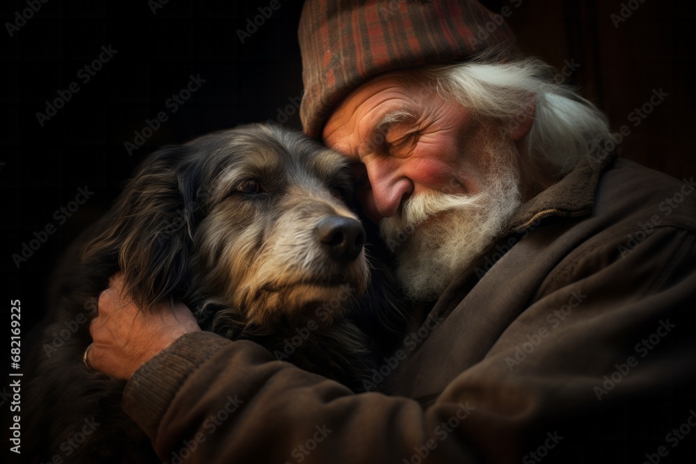 Senior man embraces his old dog, love and trust, loyalty, true friendship Senior man embraces his old dog, love and trust, loyalty, true friendship