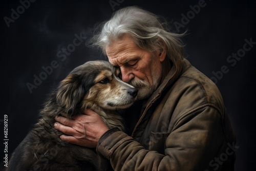 Senior man embraces his old dog, love and trust, loyalty, true friendship © Good AI