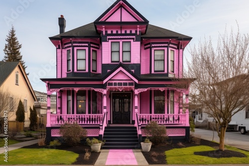 saturated pink victorian home with black trim photo
