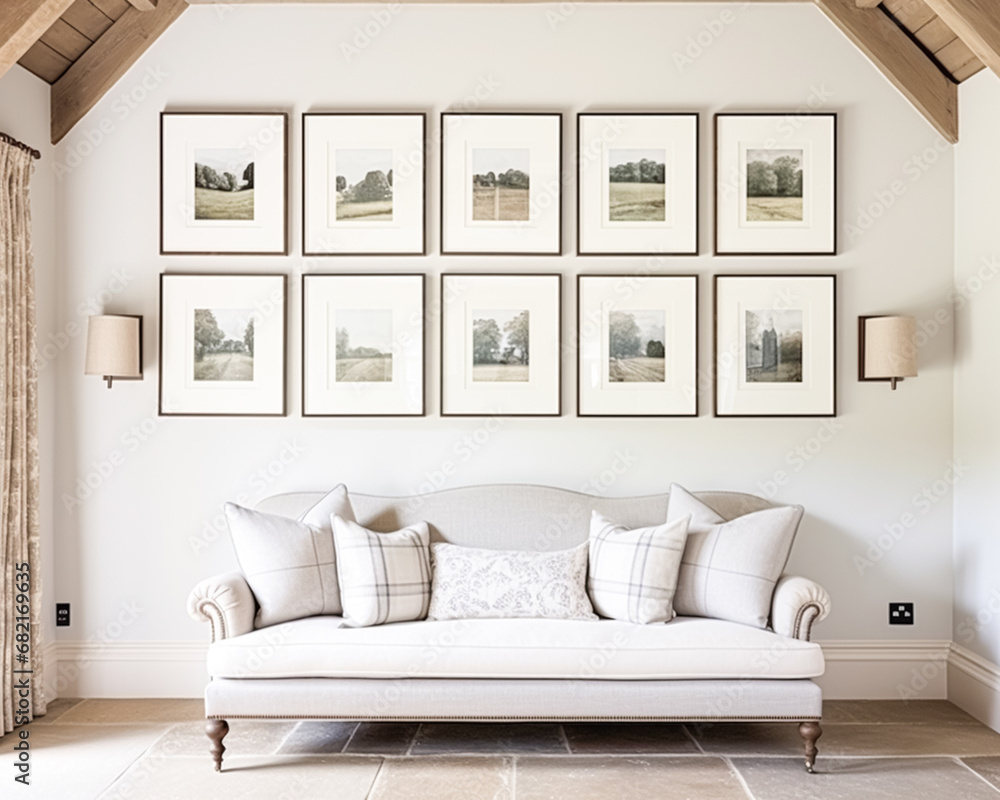Gallery wall, home decor and wall art over sofa, framed art in modern