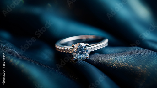 Jewellery, proposal and holiday gift, diamond engagement ring on blue silk fabric, symbol of love, romance and commitment