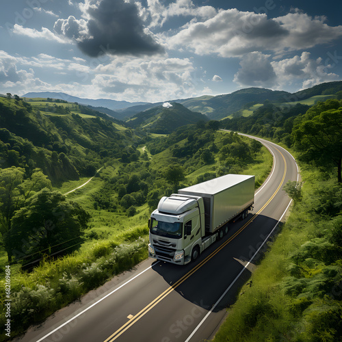White truck driving on the way in the countryside photo