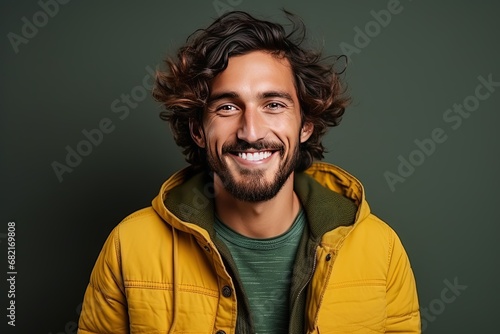 Portrait of a handsome smiling, happy and pleased man with positive vibes, human person. Dressed in fashionable, colorful and fun clothes. Generative AI, AI © Merilno