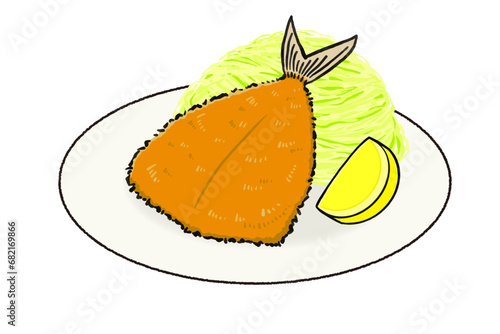 アジフライのイラスト　お皿に盛り付け