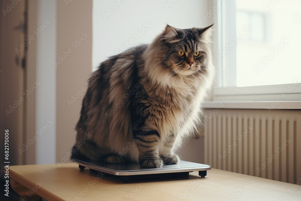 Fat Cat Standing On Scales In Bright Room