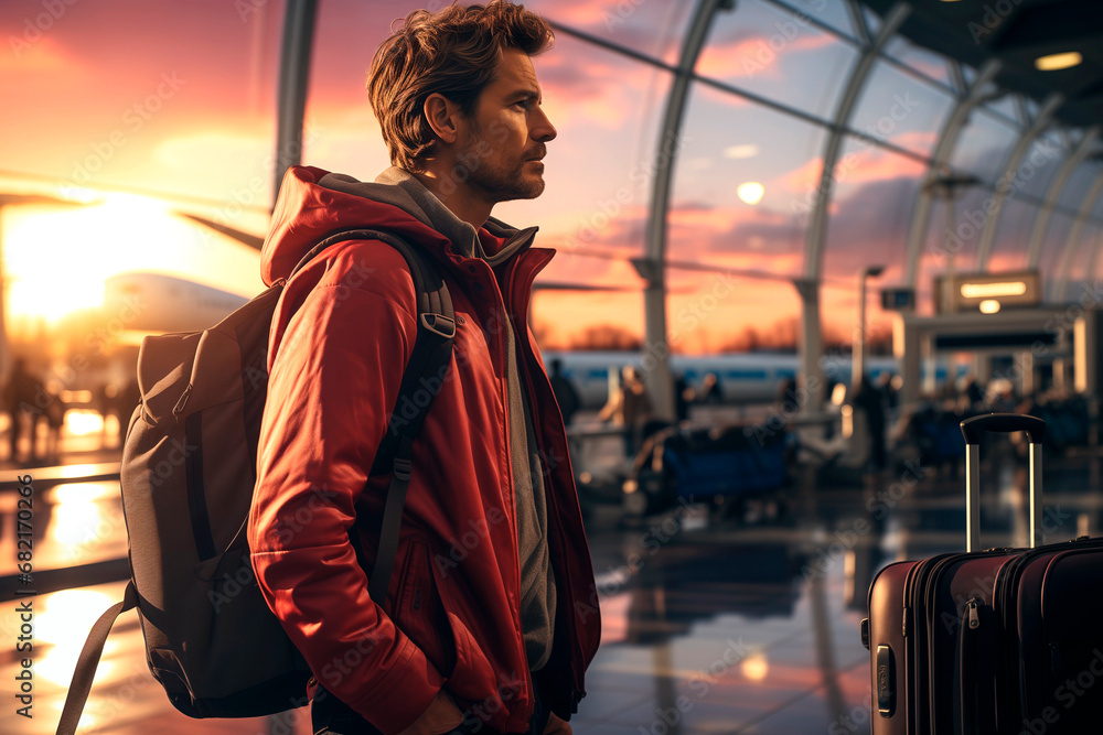 Side view of a young man in an airport with his backpack and suitcase. - obrazy, fototapety, plakaty 