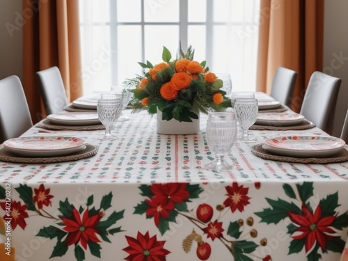 Festive Tablecloths and Napkins Setting the Holiday Scene. AI Generated.