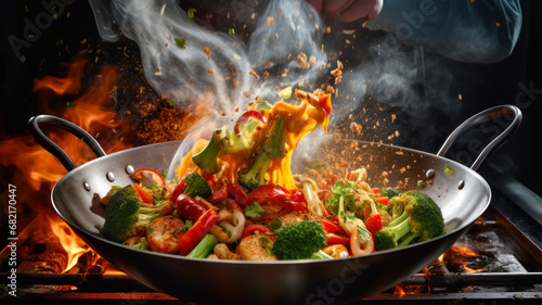 Chef cooking stir fry noodles with vegetables in wok pan on fire photo