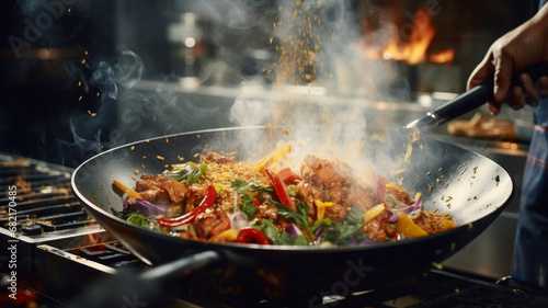 Close-up of a chef's hand preparing a meal in a wok