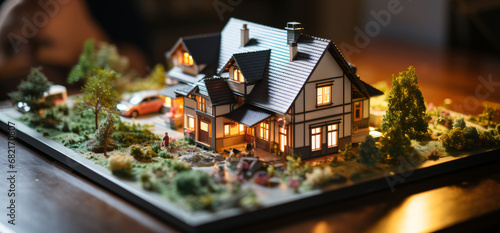 a detached house with a plot of land in miniature form for illustration. photo