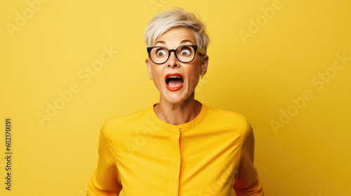 Beautiful blonde woman wearing yellow casual clothes and glasses afraid and shocked with surprise expression, fear and excited face. excited face.