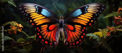 In the midst of the vibrant outdoors, a breathtaking sight emerged - a beautiful butterfly, its wings adorned with a stunning blend of orange and yellow, the colors contrasting against the bright