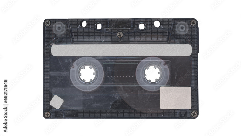 Obraz premium Compact music cassette tape with stickers in vintage retro Y2K 80’s, 90’s style, isolated and clipping path on a transparent background, no shadows, plastic analog clear cassette for realistic mockups