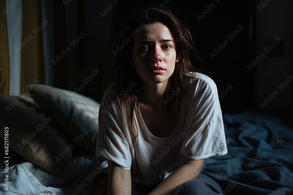 Fototapeta premium Woman With Depression Sits On Bed In Pajamas