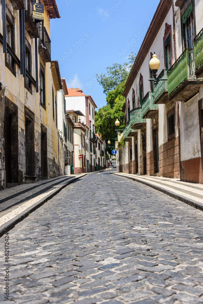 Cobbled street with no traffic or people, Funchal, Madeira