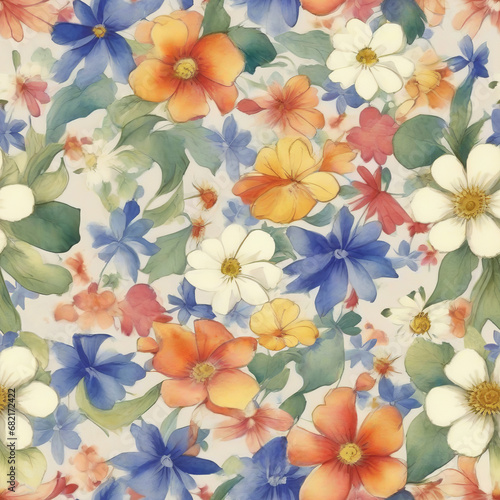 Seamless pattern  floral background for design in watercolor style. Raster illustration for printing on fabric and paper. Small flowers in blue and orange colors