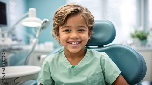 Portrait of smiling little boy sitting at dental chair during waiting oral checkup. Dental care and joyous experience of a visit to the dentist concept