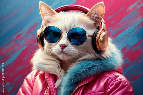 Portrait of a cat with headphones on a colorful background. The concept of listening to music. © Viewvie