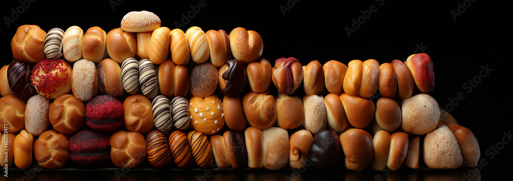 Pile of various kinds of bread and buns on black background. Freshly baked bread. Delicious breads and various rolls piled on the table food eating nutrition dieting baking bakery organic concept. Pile of various kinds of bread and buns on black background. Freshly baked bread. Delicious breads and various rolls piled on the table food eating nutrition dieting baking bakery organic concept.