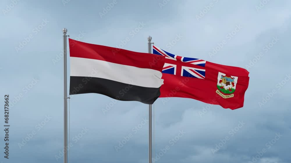 Yemen flag and Bermuda or Somers Isles flag waving together on cloudy sky, endless seamless loop Yemen flag and Bermuda or Somers Isles flag waving together on cloudy sky, endless seamless loop