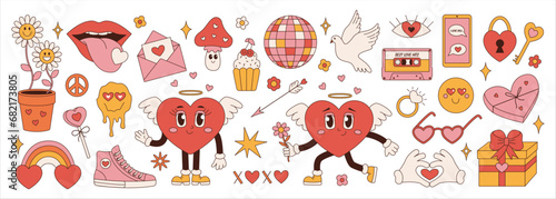 Retro groovy set for Valentines Day. Hippie love sticker, funny characters in shape of heart, trend 60s 70s. Vector cartoon illustration