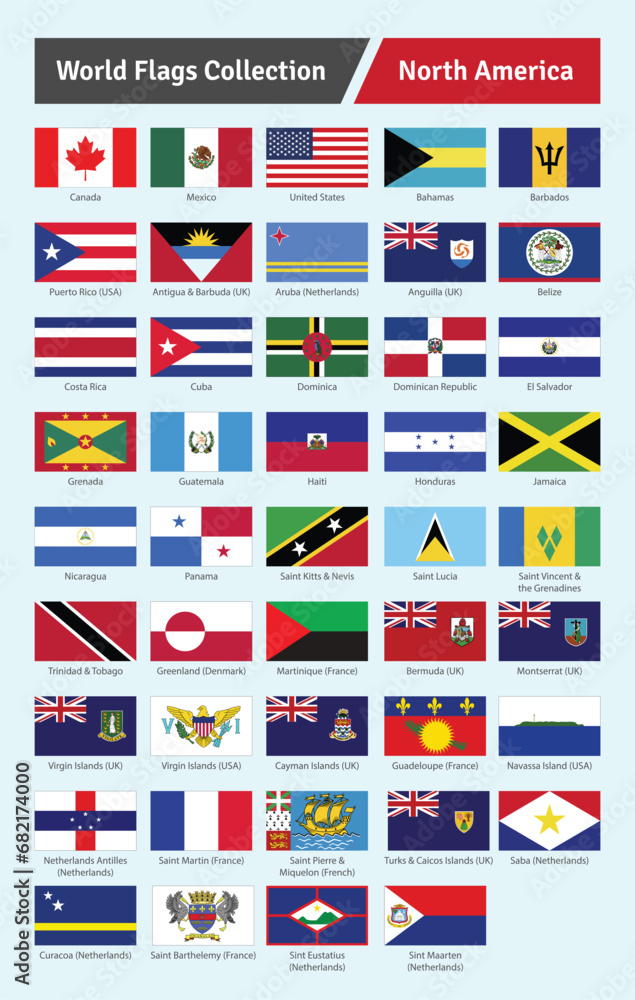 All Official North America Country flags With Names Vector Set. North America Continent Flags