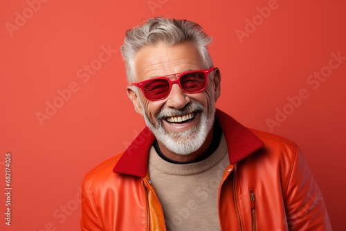 Portrait of a handsome smiling, happy and pleased man with positive vibes. Human person dressed in fashionable, colorful and fun clothes. Generative AI, AI