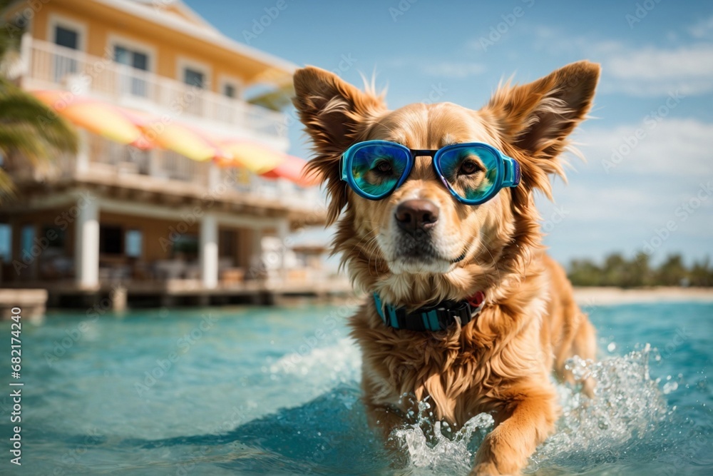 Golden Retriever dog in the swimming pool. Summer vacation concept.