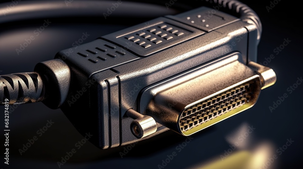 Closeup of DVI cable video monitor connector on black background Closeup of DVI cable video monitor connector on black background