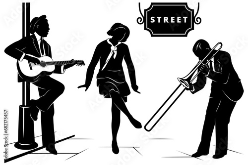 Street Musicians Silhouettes Illustration. Guitarist, dancing woman and trombone player. Banner for your text. All elements are separate.