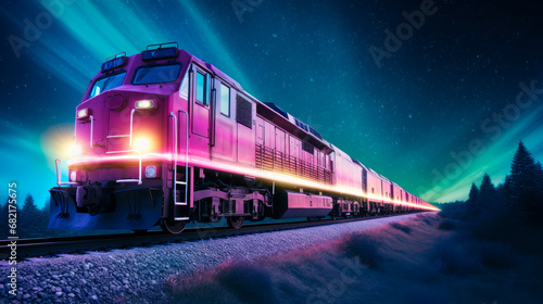 A powerful locomotive pulls a long freight train along train tracks.