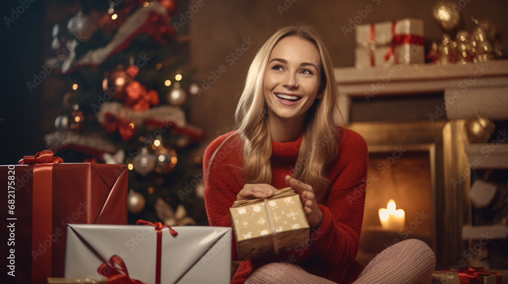 Model opening christmas present with a christmas bokeh background Model opening christmas present with a christmas bokeh background