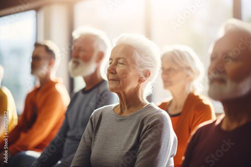 A Heartwarming Image Capturing a Group of Happy Elderly People Finding Balance, Vitality, and Joy Through the Practice of Yoga, Embracing Wellness and Serenity in their Golden Chapter of Life