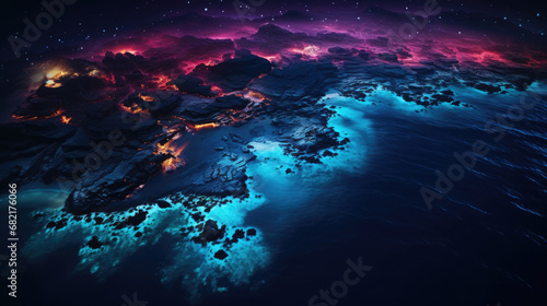 aerial view of colorful magical lights on sea at night, beach view at night ,top view