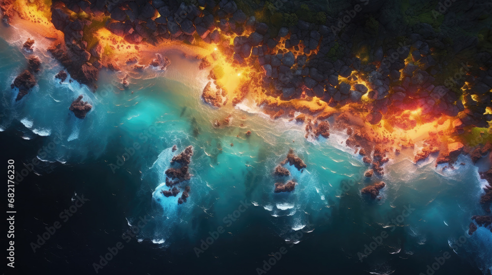 Obraz premium aerial view of colorful magical lights on sea at night, beach view at night ,top view