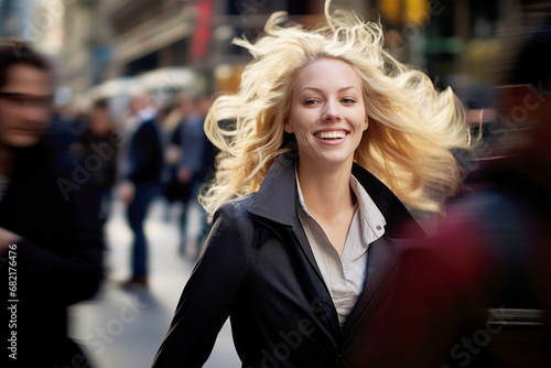 Smiling woman standing in the crowded New York city street, feeling happy and blissful, busy blurred people pass by her