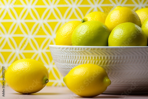Lemons in a bowl yellow background bright